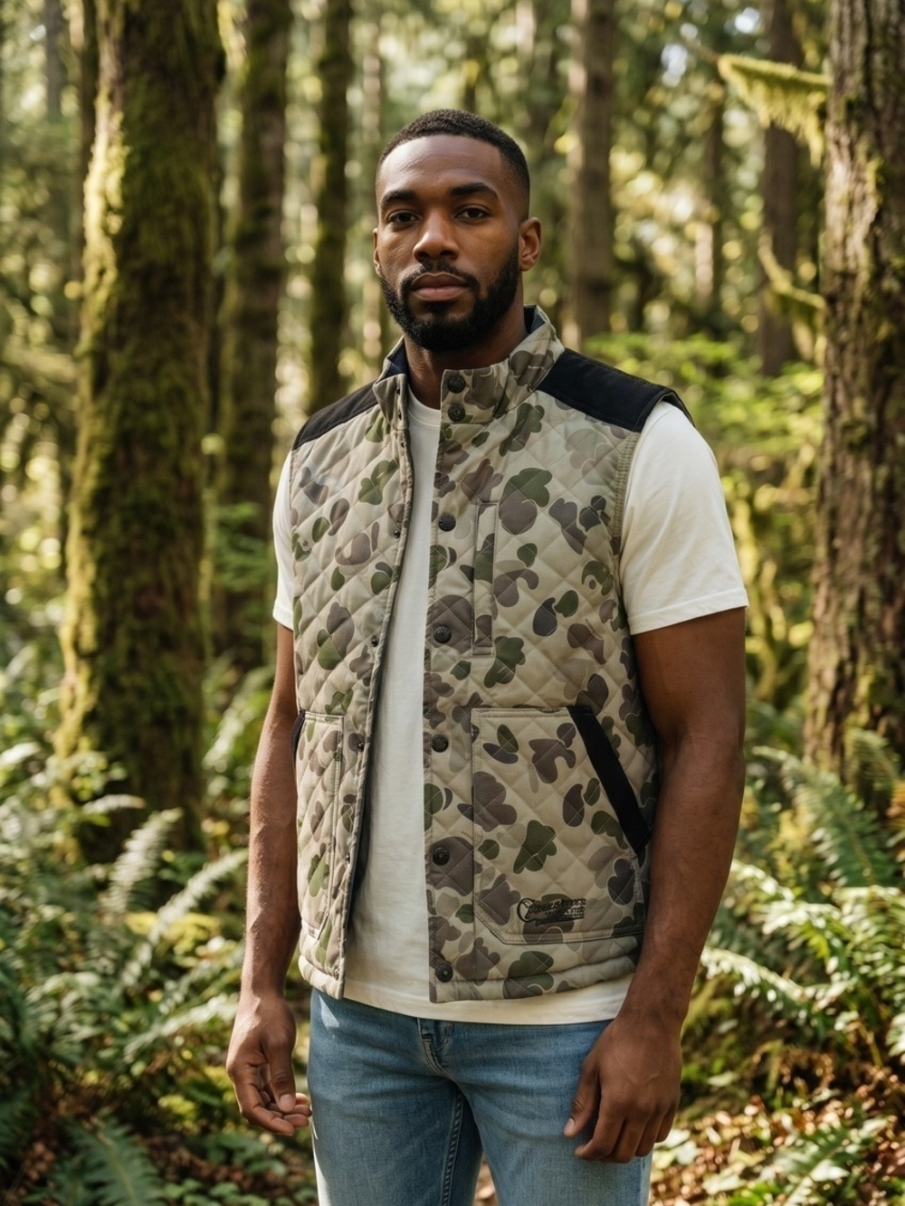Crooks & Castles Men's Olive Camo Quilted Vest with Black Shoulders 1054